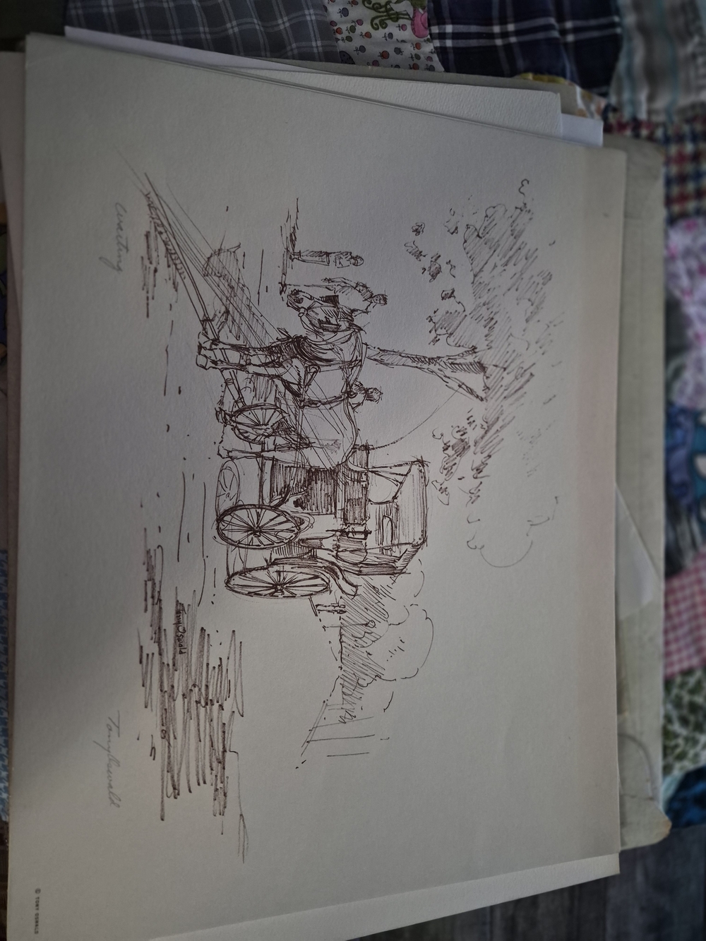 Tony Oswall Vintage Horse Carriage Pen & Ink Wall Art - Brown Sketch
